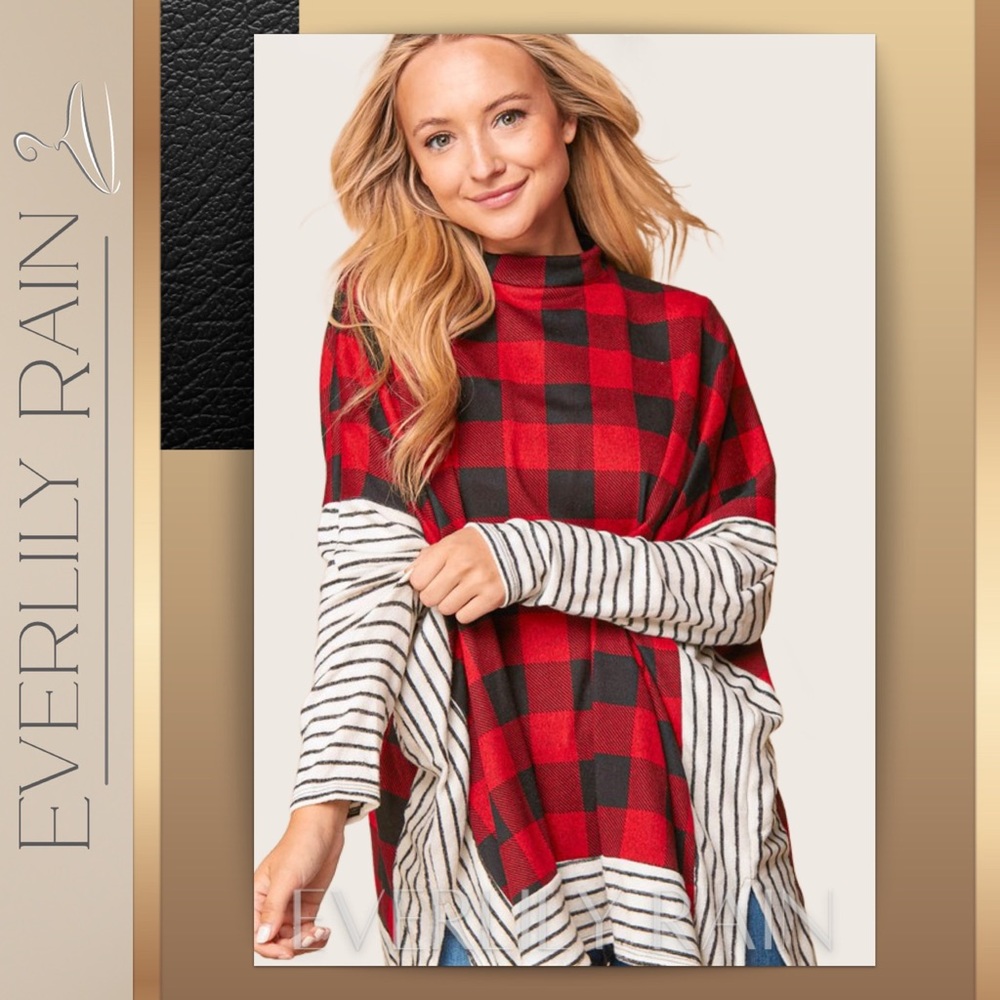 Plaid & Striped Poncho Style Sweater - Picture 4 of 12